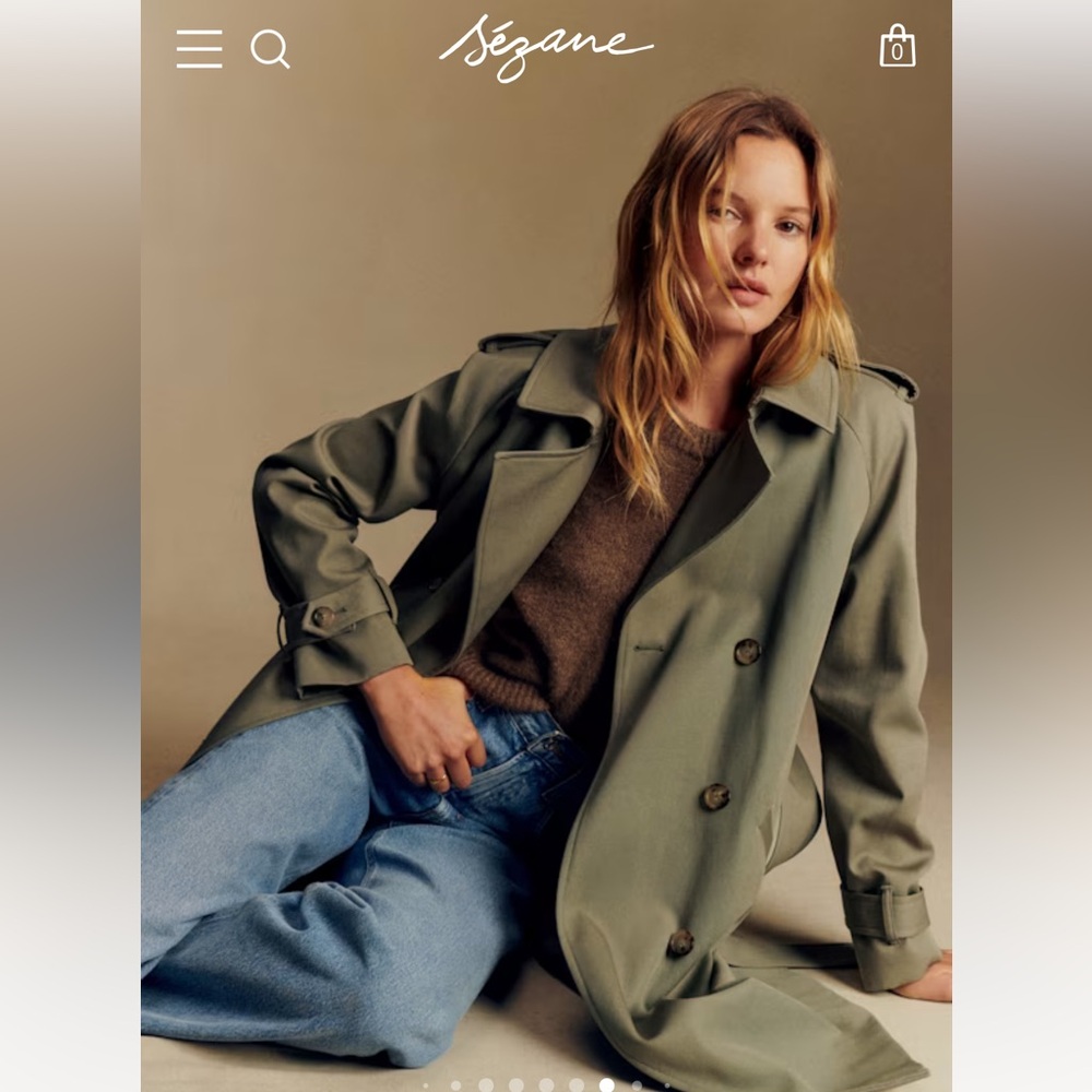 Sezane Scott Khaki Green Double-Breasted Trench Coat